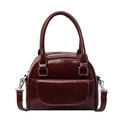 Glossy burgundy shell bag in vintage leather style with handles and shoulder strap - Burgundy