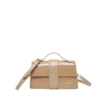Minimalist light brown quilted satchel bag with top handle and golden JINGPIN logo - Khaki