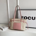 Bolso tote de paja beige y cuero rosa con cordones laterales ajustables - Rosa