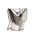 Silver metallic bucket bag with chain strap and shiny textured finish for women - Silver