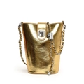 Elegant gold bucket bag with metallic crinkle texture and silver clasp closure - Gold