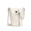 Glossy white bucket bag with silver chain strap and metal clasp for modern women - White