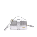 Silver metallic crossbody bag with textured pleats and golden letter logo plate - Silver
