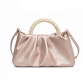 Champagne pearl pleated cloud handbag with pearl handle and leather shoulder strap - Pearlescent Deep Pink