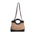 Gevlochten bucket bag met contrasterende zwarte leren bies en een metalen ketting - Zwart