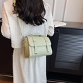 Pale green crossbody flap bag with silver buckles worn by a model in a tweed suit - Green