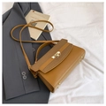 Vintage tan leather crossbody bag with woven texture lid and elegant gold lock - Dark Khaki