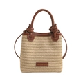 Chic beige straw bucket bag with dark brown leather trim and dual handles for women - Tan