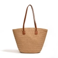 Große geflochtene Strohtasche mit braunen Ledergriffen für Strandurlaube - Einheitsgröße / Khaki