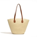 Minimalistische cremefarbene Stroh-Tote-Bag mit braunen Kunstledergriffen und Webstruktur - Einheitsgröße / Beige