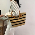 Striped woven cotton rope tote bag with brown leather straps in beige and black colors - Brown