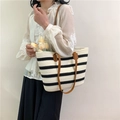 Woven cotton rope tote bag with black stripes and brown handles for beach or commute - Off White