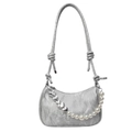 Bolso sobaco de cuero plateado con cadenas de corazón y correa de perlas Y2K - Plateado