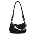 Bolso de hombro negro fruncido con cadena de perlas y letras de logo de moda - Negro