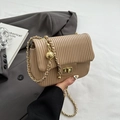 Elegant apricot pleated shoulder bag with gold chain strap and spherical buckle detail - Khaki