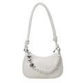 Bolso hobo blanco de media luna con cadena de corazón plateada y perlas chic - Blanco Roto