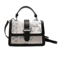 White floral jacquard mini square bag with black leather trim and silver metal buckle - Black-Blue