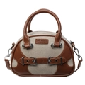 Borsa a mano retrò con cuciture in pelle marrone e tela beige e fibbie decorative - Marrone
