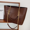 Chic brown crocodile embossed leather tote bag with elegant gold chain shoulder strap - Brown