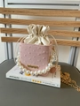 Rosa Box-Eimertasche aus strukturiertem Stoff mit Perlen Griff und Goldkette - Rosa
