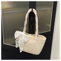 Close-up of cotton rope weave texture with large lace bow and pearl button detail - Small Off-white With Charm