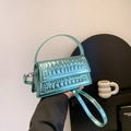 Glossy crocodile embossed light green tote bag with metallic finish and top handle - Blue