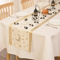 Runner da tavola in velluto beige con luna e stelle dorate per decorazioni Ramadan - 36x180cm / Bianco