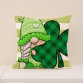 Green St. Patrick's Day gnome pillow cover with shamrock and striped background - Cartoon Gnome Holding Shamrock (ST017-1) / Single-Sided Print Pillowcase