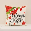 Housse de coussin en lin avec fleurs rouges et texte Bloom WITH grace décoratif - Sp002-1 / 45*45 (Housse uniquement)