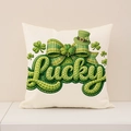 Funda de cojín de San Patricio con texto Lucky, trébol y lazo de cuadros verdes - 45*45 (Solo funda)