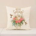 Quadratischer Kissenbezug aus Leinen mit Frühlingsblumenstrauß und Kolibri-Motivdruck - Hello Spring Floral Kolibri (SP001-1) / 45x45cm