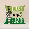 Funda de cojín verde de San Patricio con frase Lucky and Blessed y lazo de cuadros - 45*45 (Solo funda)
