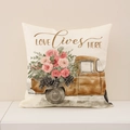 Leinen-Kissenbezug mit Vintage-Truck-Blumendruck und Love lives HERE Schriftzug - Love Lives Here Vintage LKW Rose (SP001-3) / 45x45cm