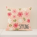 Fodera per cuscino in lino rosa con stampa floreale e scritta SPRING design - Stile Primavera A Fiori Freschi (SP011-3)