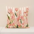 Fodera per cuscino quadrata in lino con stampa di tulipani rosa e righe verticali - Tulipano Stile Pittura Ad Olio (SP011-4)