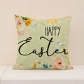 Grüner Leinen-Kissenbezug mit Blumenmuster und Happy Easter Schriftzug zu Ostern - 45x45cm (Ohne Füllung) / Hellgrün Happy Easter (EP006-2)