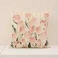 Pink tulip flower linen throw pillow cover with decorative vertical stripes for sofa decor - Striped Tulip Style (SP011-4) / 45x45cm (Single Cover)