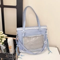 Detailansicht der hellblauen Nylon-Einkaufstasche mit transparentem Fach und weißer Spitze - Blau