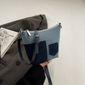 Fashionable patchwork denim shoulder bag in light and dark blue with adjustable strap - Blue