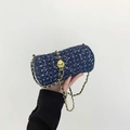 Dunkelblaue Zylinder-Umhängetasche aus Tweed mit Pailletten und goldener Kette - Dunkelblau