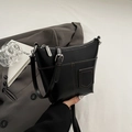 Black leather hobo shoulder bag with contrast brown stitching and adjustable silver buckle strap - Black