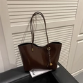 Deep brown oversized glossy leather tote bag with elegant metallic bead charm - With Pendant / Brown