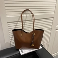 Minimalist deep brown leather tote bag with stylish woven knot pendant and gold ball - With Pendant / Brown