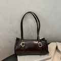 Detail of dark brown polished oil wax leather shoulder bag with gold metal buckle - Dark Brown