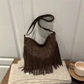Detail of bohemian dark brown leopard print suede tote bag with long fringe tassels - Coffee (Leopard Print)