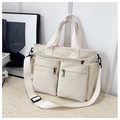 Bolso tote grande de nailon crema con bolsillos frontales y correa ajustable - Blanco Roto