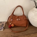 Brown corduroy tote bag with decorative plush charms and adjustable shoulder strap - With Pendant / Brown
