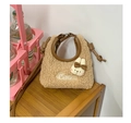 Detail van beige pluche minitas met konijntjesdecor en bruin lederen handvat - Bruin