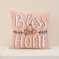Rosa Leinenkissen mit Blumenmustern und Bless Our Home Schriftzug im Landhausstil - Bless Our Home-Stil (SP013-2) / 45*45cm (Einzelner Kissenbezug)