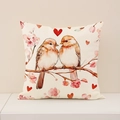Linen pillow cover featuring watercolor birds on cherry blossom branches with red hearts - 45*45cm (Single Pillowcase) / Birds And Cherry Blossom Pattern (SP016-4)